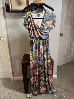 7th Ray Blue Floral Wrap Maxi Dress with Pink and Green Blooms